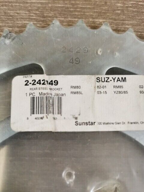 NOS SUNSTAR RM80 RM85L YZ80 YZ85 Steel Rear Sprocket 49T 2-242949 J59