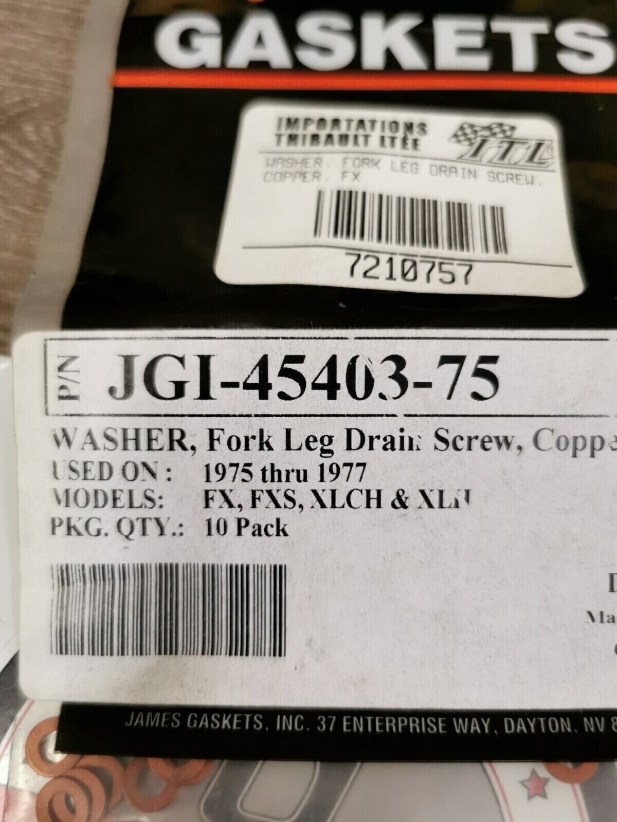 NOS James Gasket WASHER FORK LEG DRAIN SCEW COPPER QTY 10 JGI-45403-75 J45