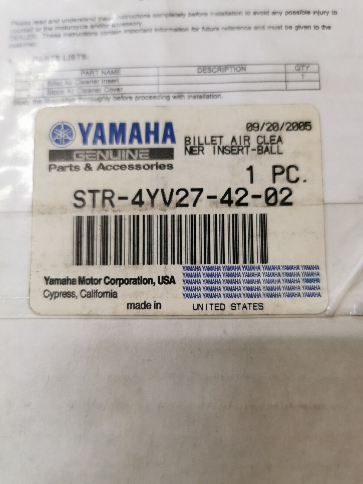 NOS YAMAHA V STAR 650 1998 - 2004 BILLET AIR CLEANER STR-4YV27-42-02 Y43
