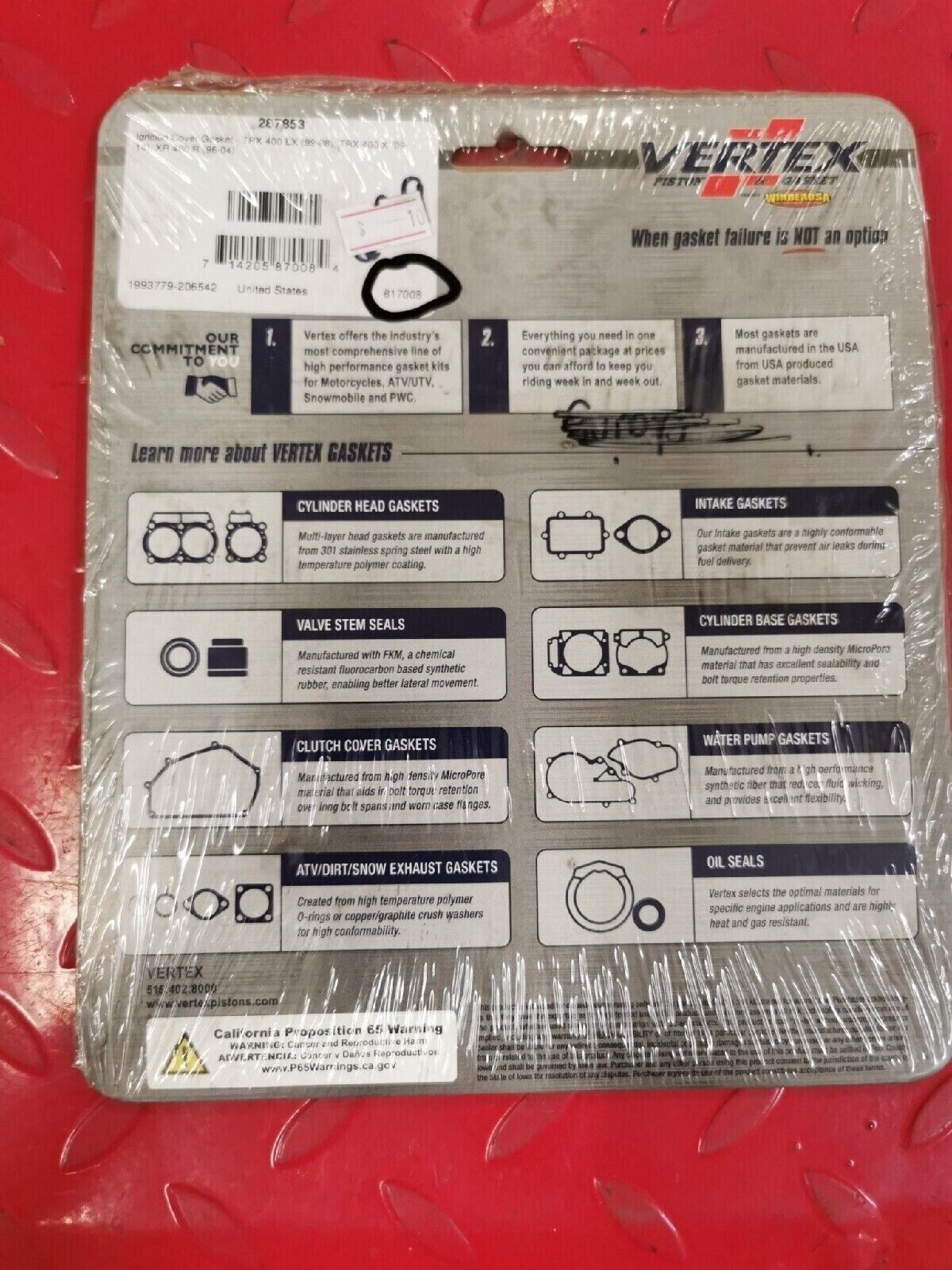 NOS VERTEX HONDA TRX400EX TRX400X XR400R IGNITION COVER GASKET 817008 J14