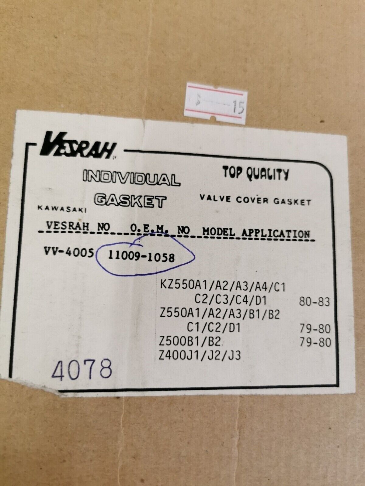 NOS VESRAH KZ550 Z550A1 Z500B1 Z400 GASKET VV-4005 J46