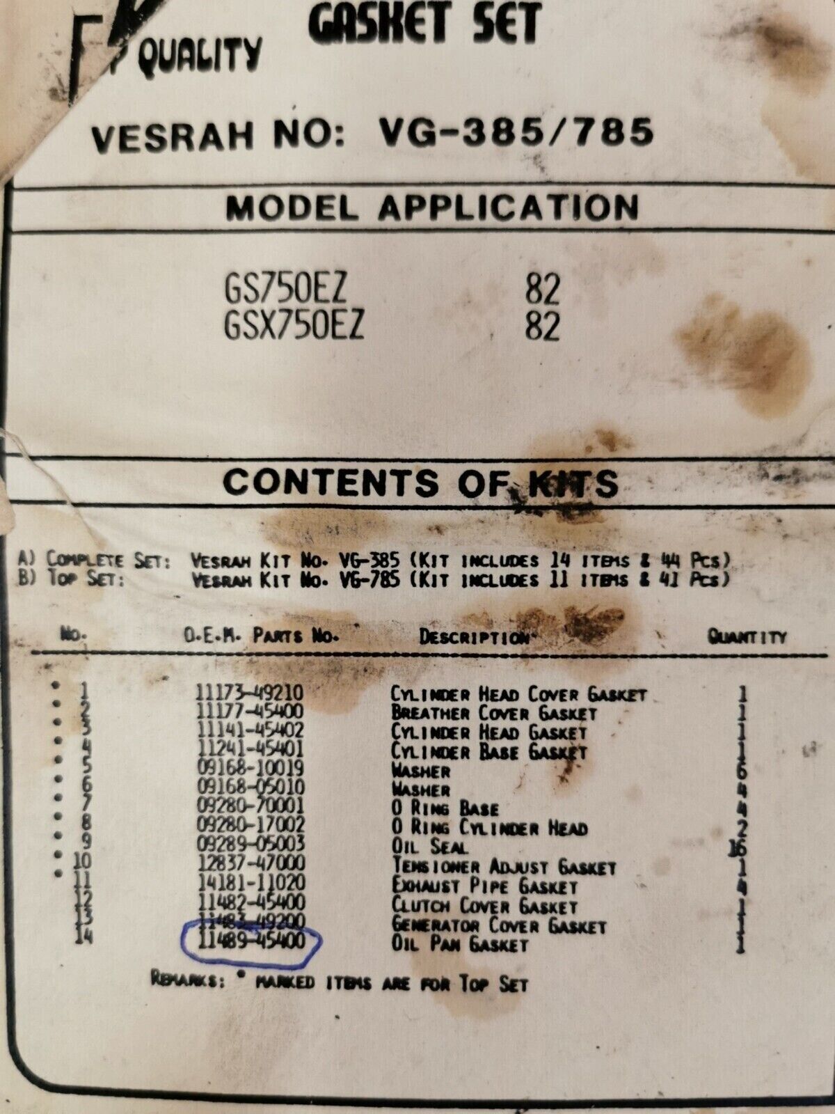 NOS VESRAH GS750EZ GSX750EZ 1982 Gasket KIT SET INCOMPLETE VG-385 J46