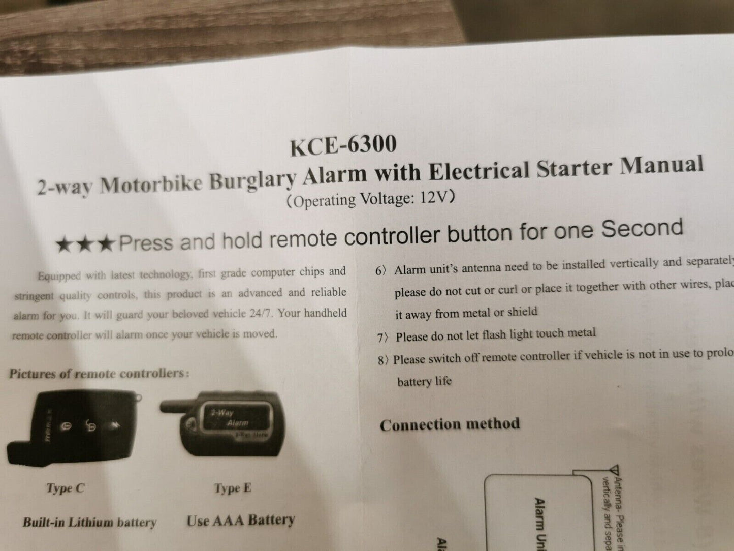 NOS 2 WAY ALARM MOTORCYCLE ALARM CONTROL SIREN VIBRATE KCE-6300 J48