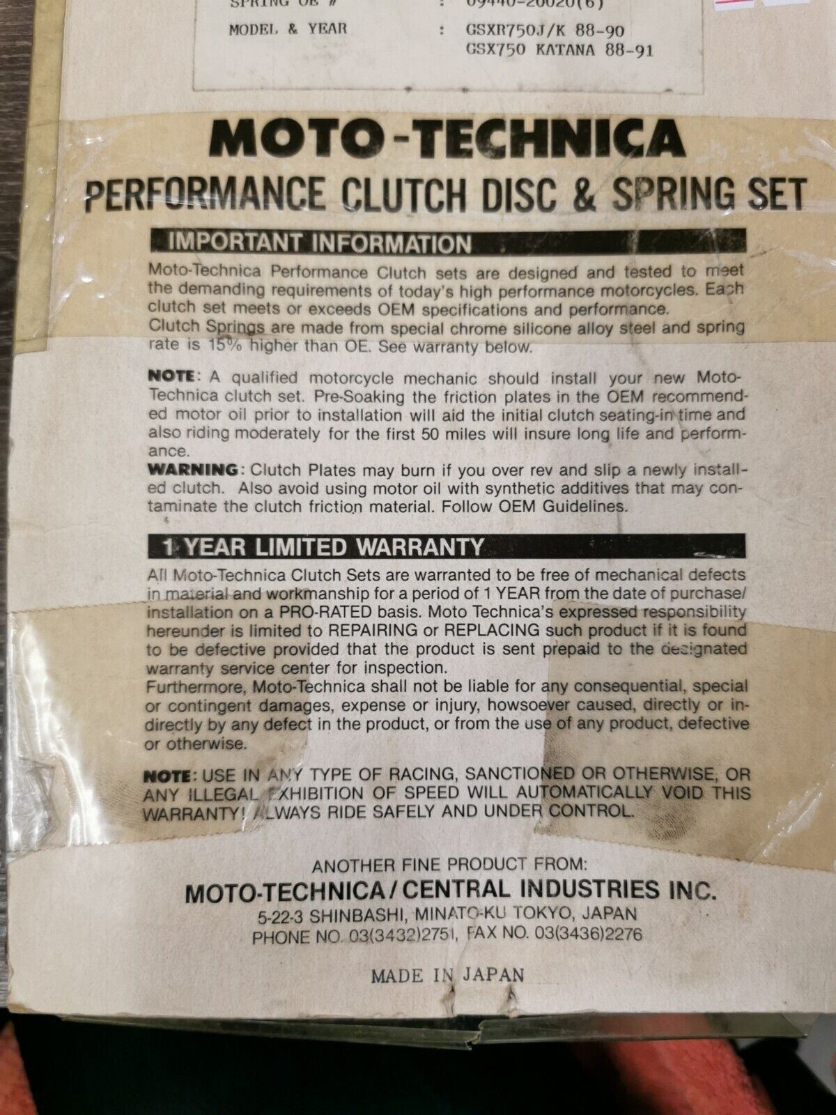 NOS MOTO-TECHNICA GSXR750J GSX750 1988 -1991 CLUTCH DISC SPRING SET 93387 J25