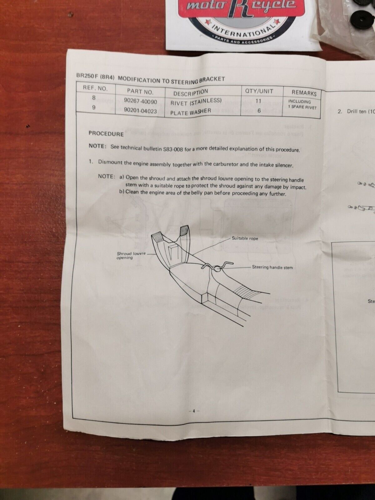 NOS Yamaha BR250F STEERING MODIF. KIT 90891-50026-00 SUB. 90891-50025-00 Y88