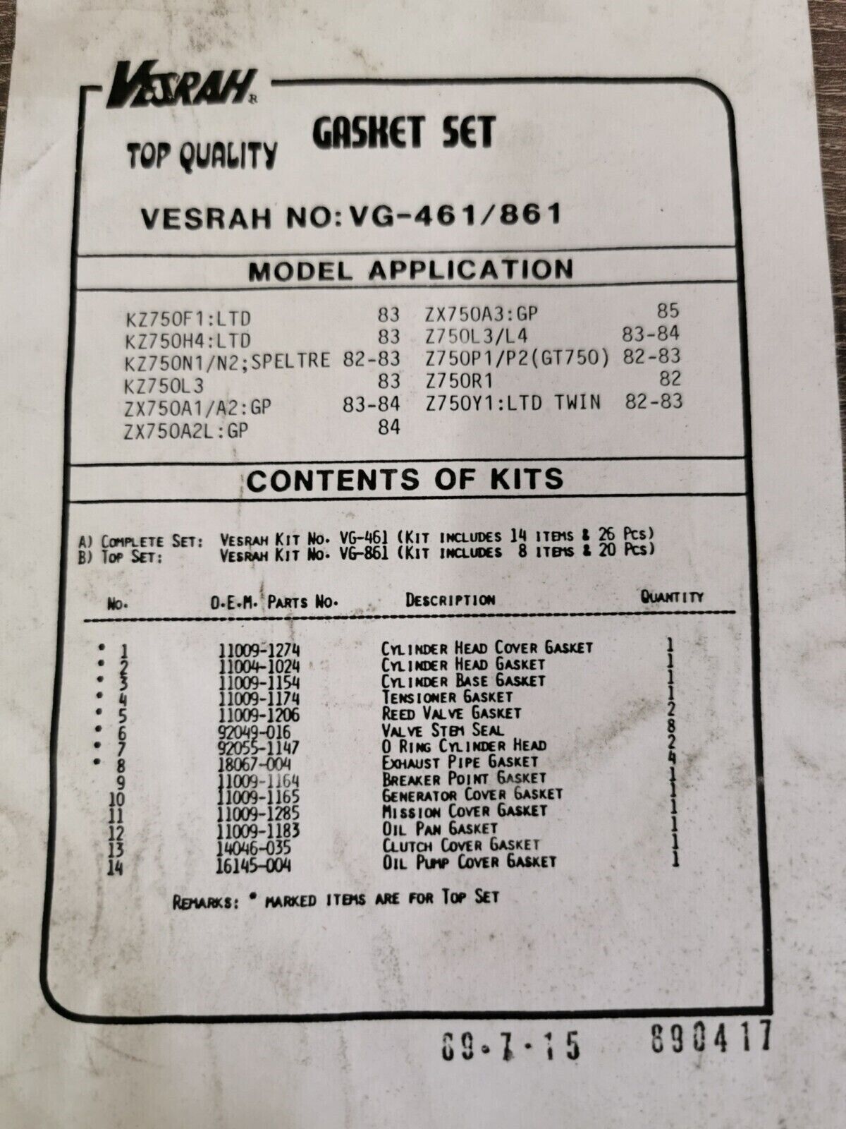 NOS VESRAH KZ750 ZX750 1983 - 1985 INCOMPLETE GASKET KIT VG-461/861 J46