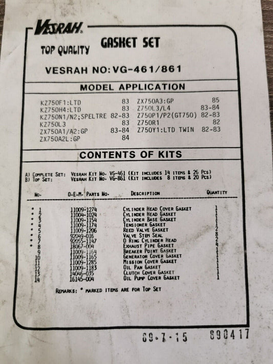 NOS VESRAH KZ750 ZX750 1983 - 1985 INCOMPLETE GASKET KIT VG-461/861 J46