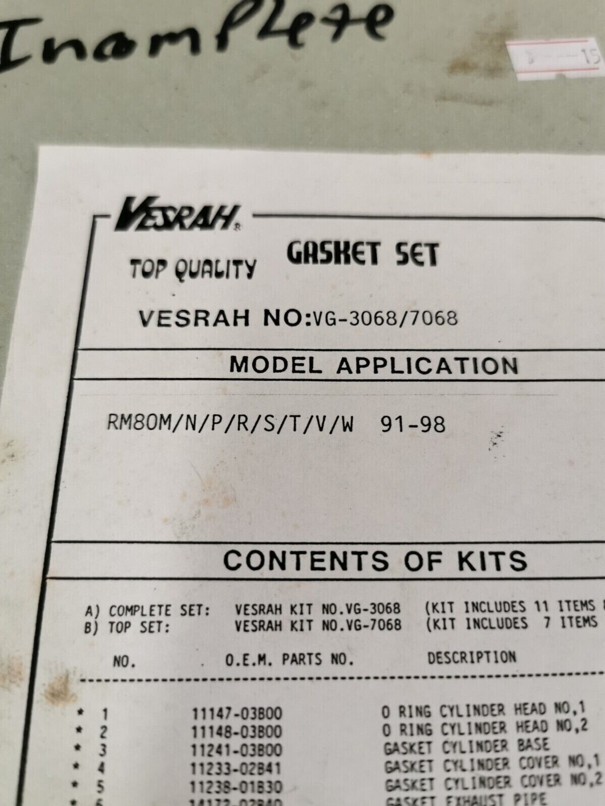 NOS VESRAH SUZUKI RM80 1991 - 1998 INCOMPLETE GASKET SET VG-3068 J28