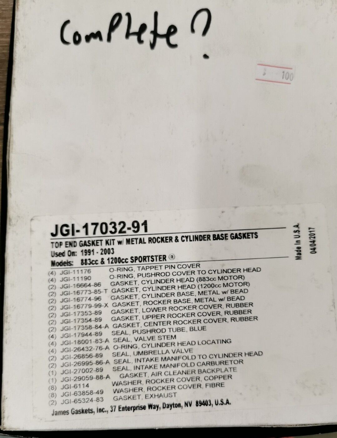 NOS James Gasket 1200CC SPORTSTER Top End Gasket COMPLETE? JGI-17032-91 J45