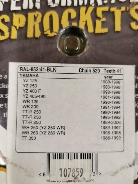 NOS SUPERSPROX YZ125 YZ250 YZ400 TTR250 Drive Sprocket 41T RAL-853-41-BLK J59