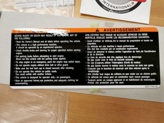 NOS YAMAHA VMAX600 VMAX700 1997 - 1999 LABEL WARNING 1 8CR-77761-00-00 Y49