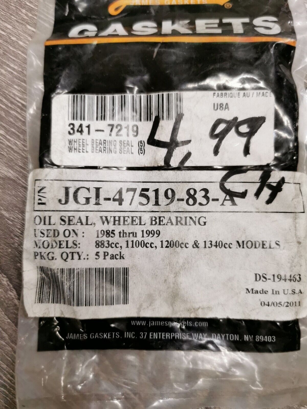 NOS James Gasket 883CC 1100CC 1200CC OIL SEAL WHEEL BEARING JGI-47519-83-A J45