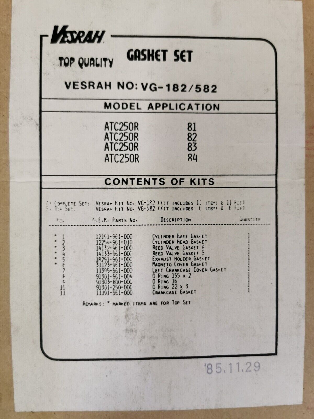 NOS VESRAH ATC250R 1981 - 1984 INCOMPLETE GASKET KIT VG-182/582 J46