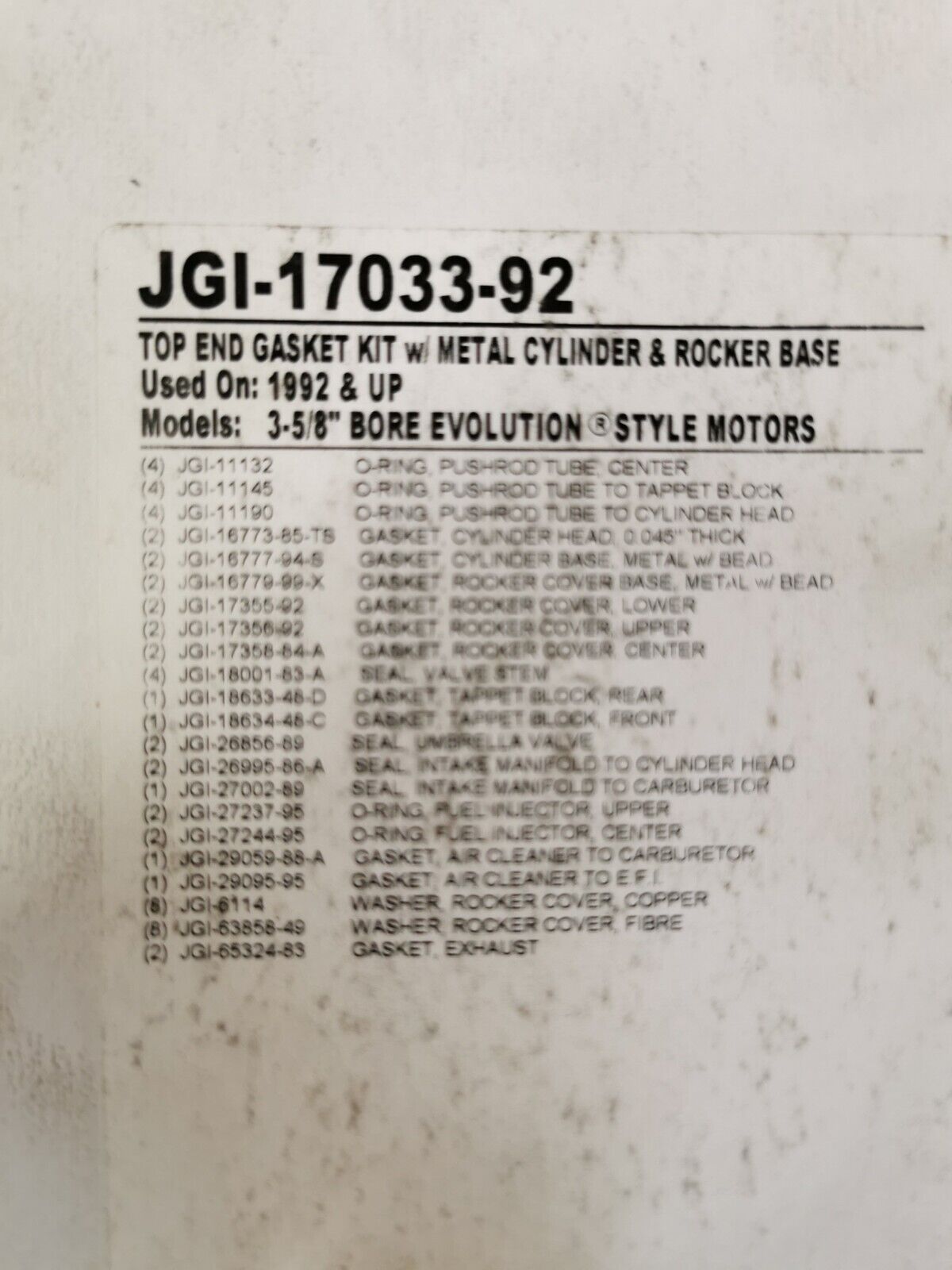 NOS James Gasket 3-5/8 BORE MOTORS Top End Gasket INCOMPLETE JGI-17033-92 J45