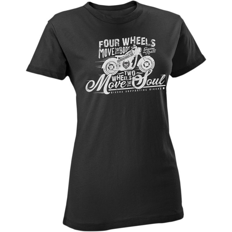 ONE BROKEN BIKER WMNS TEE 4 WHEELS MOVE THE BODY 2 WHEELS MOVE THE SOUL BLK L WTEE4WHLBLKL