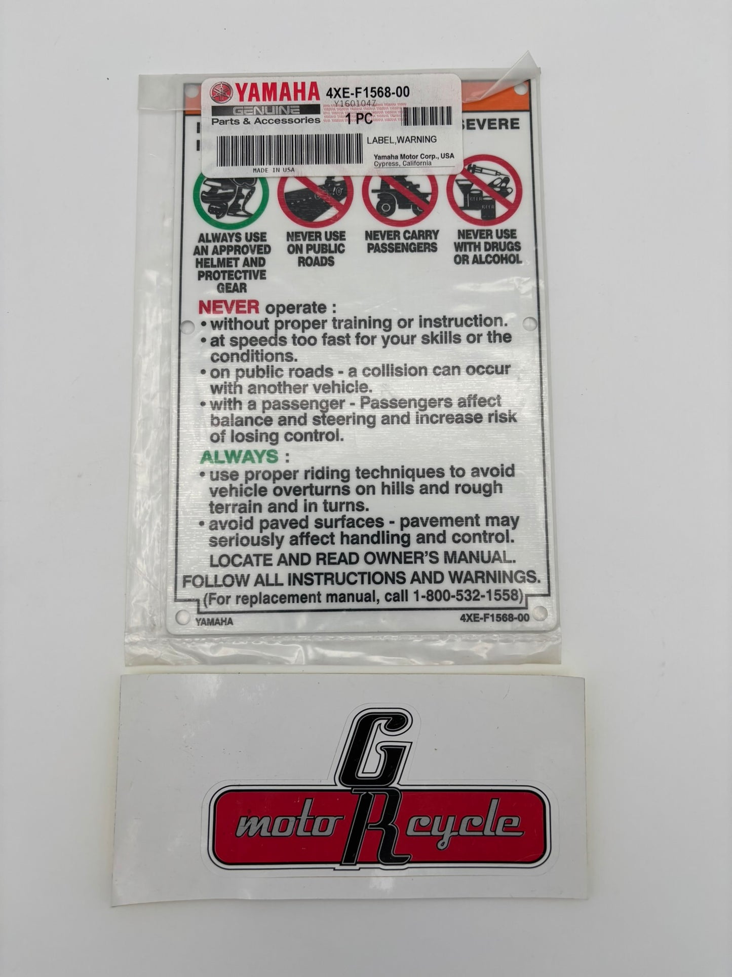 YAMAHA WARNING LABEL 4XE-F1568-00-00 Y255