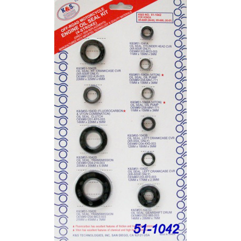 K&S SEAL KIT XR600R 85-99/XR650L 93-09      10PCS 51-1042