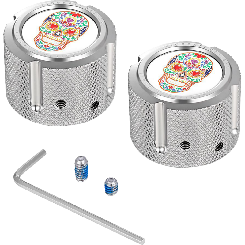 FIGURATI DESIGNS FRONT AXLE NUT COVERS SILVER WITH SUGAR SKULLS FD30-FAC-SS