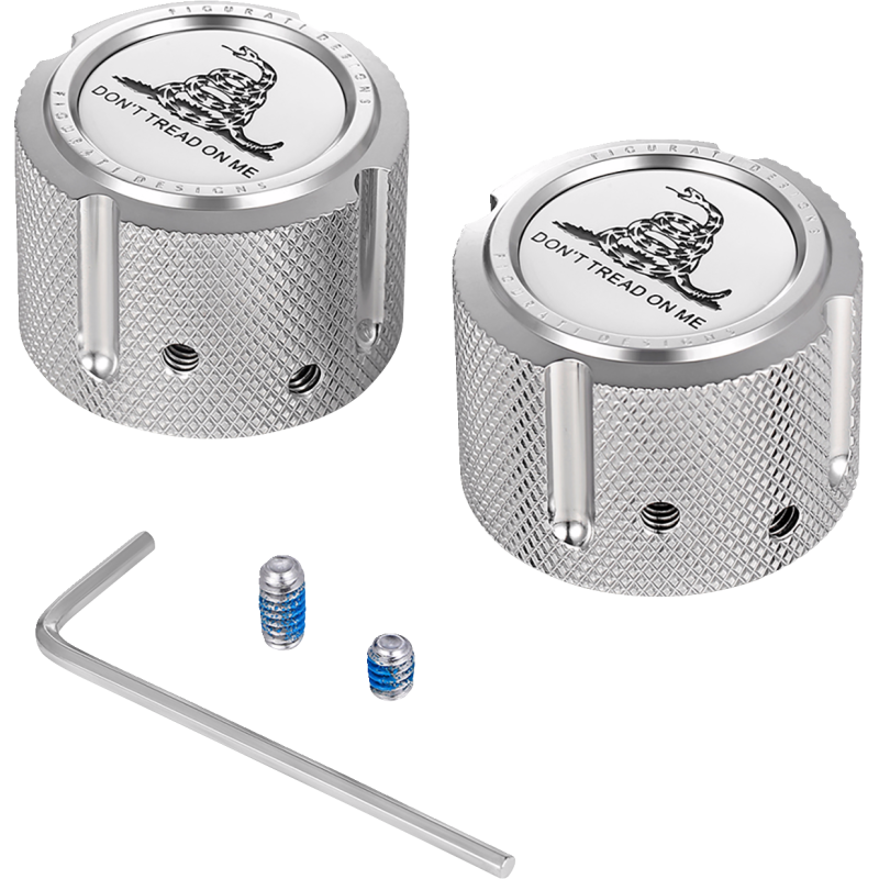 FIGURATI DESIGNS FRONT AXLE NUT COVERS SILVER WITH DON'T TREAD ON ME FD40-FAC-SS