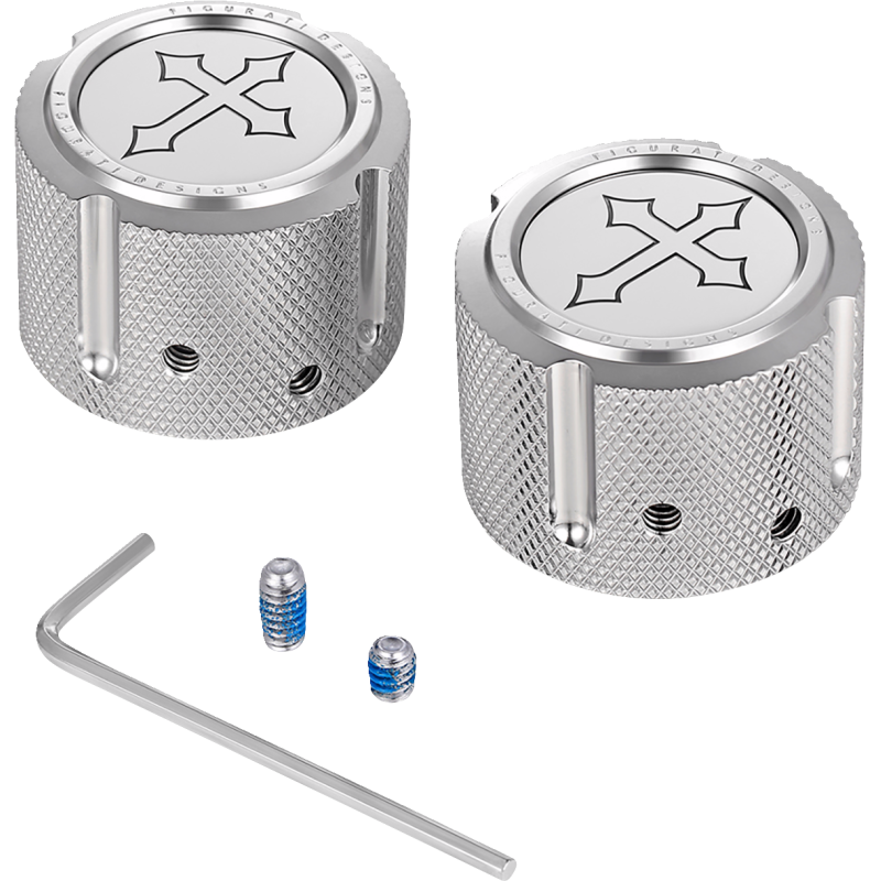 FIGURATI DESIGNS FRONT AXLE NUT COVERS SILVER WITH CROSS FD41-FAC-SS