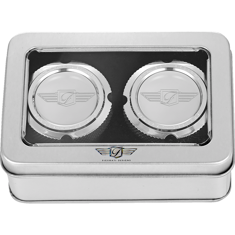 FIGURATI DESIGNS FRONT AXLE NUT COVERS SILVER WITH FIGURATI DESIGNS LOGO FD01-FAC-SS