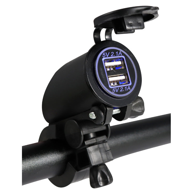 ITL USB CHARGER 2X2.1A FOR HANDLE BAR BLUE LED 2600062