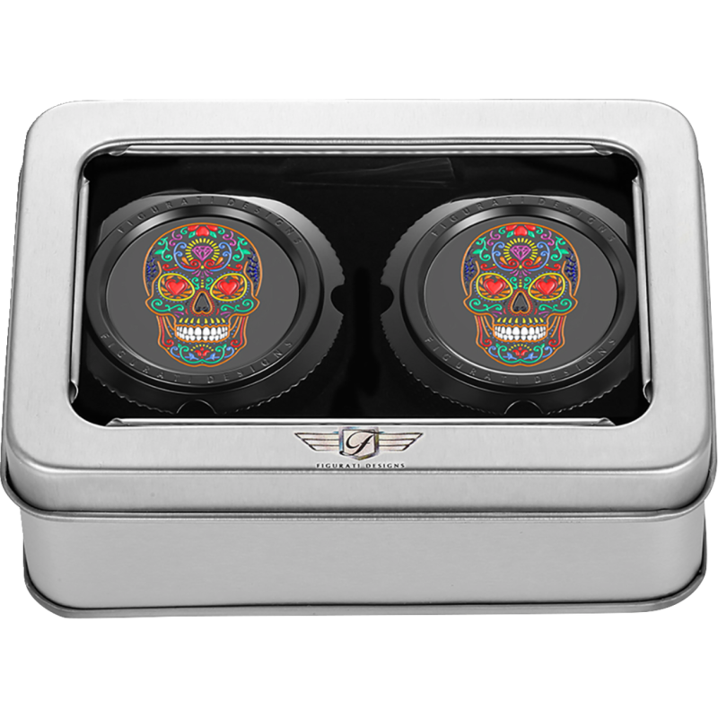 FIGURATI DESIGNS FRONT AXLE NUT COVERS BLACK WITH SUGAR SKULLS FD30-FAC-BLK