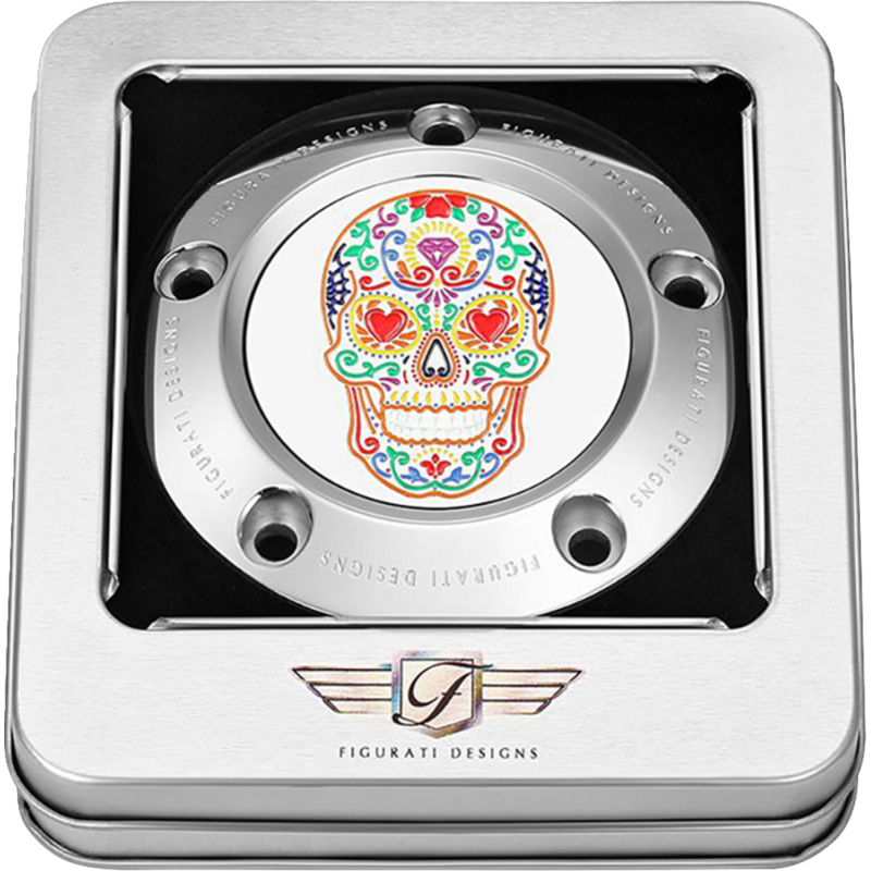FIGURATI DESIGNS TIMING COVER SILVER WITH SUGAR SKULL-FIRE, 5-HOLE FD30-TC-5H-SS