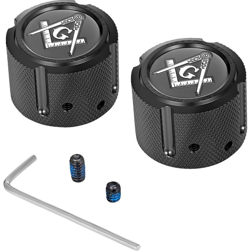 FIGURATI DESIGNS FRONT AXLE NUT COVERS BLACK WITH MASONIC EMBLEM FD42-FAC-BLK