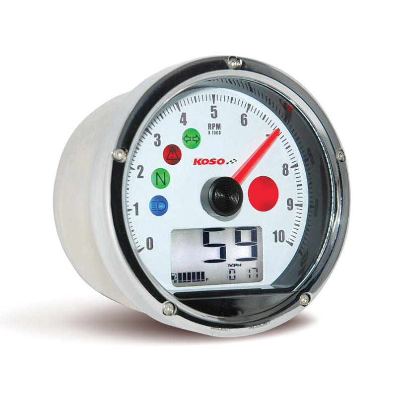 KOSO TNT-01 MULTIFUNCTION METER H-D WHITE FACE/CHR CASE BA035W00-HD