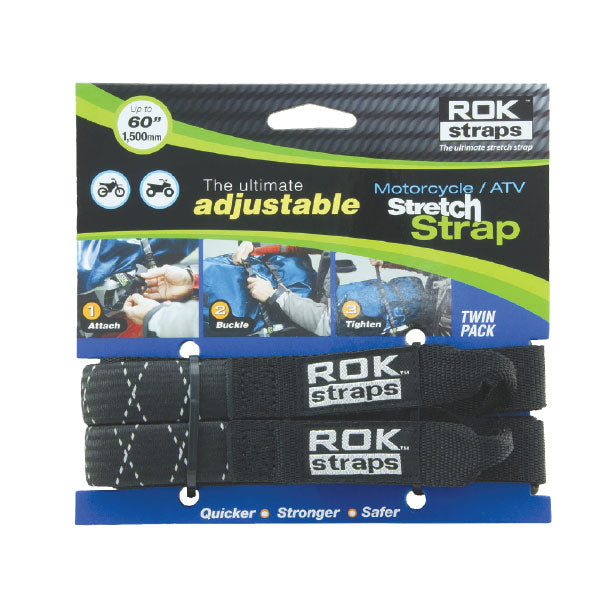 ROK MOTORCYCLE & ATV STRETCH STRAPS 1 X 60" BLACK REFLECTIVE ROK00050