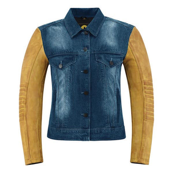 HELGRADE WOMEN'S UPTON LEATHER AND DENIM JACKET TAN/BLUE SMALL 8-404713