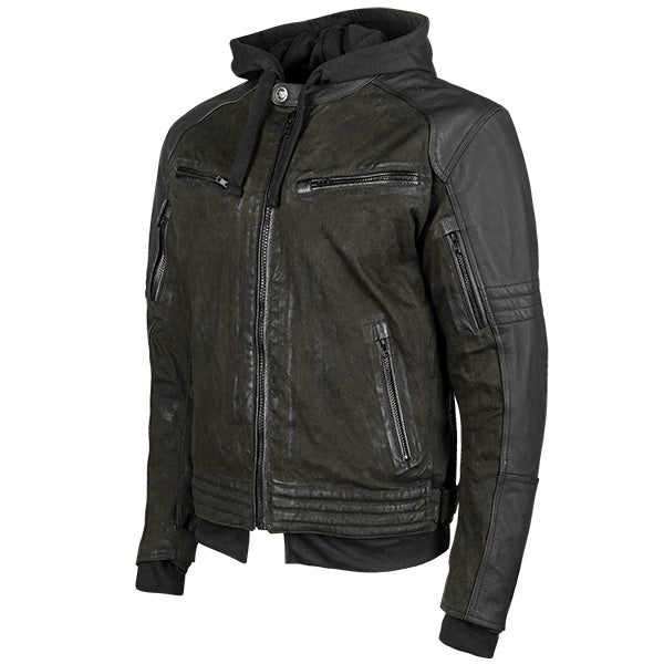 SPEED AND STRENGTH MEN'S STRAIGHT SAVAGE LEATHER & CANVAS MOTORCYCLE JACKET MEDIUM OLIVE 884409