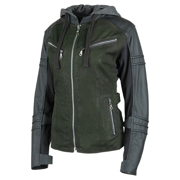 SPEED AND STRENGTH WOMEN'S STREET SAVVY LEATHER & WAXED CANVAS MOTO JACKET XS OLIVE 900008
