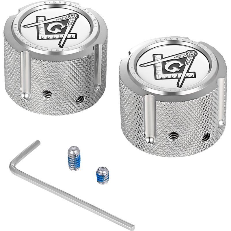 FIGURATI DESIGNS FRONT AXLE NUT COVERS SILVER WITH MASONIC EMBLEM FD42-FAC-SS