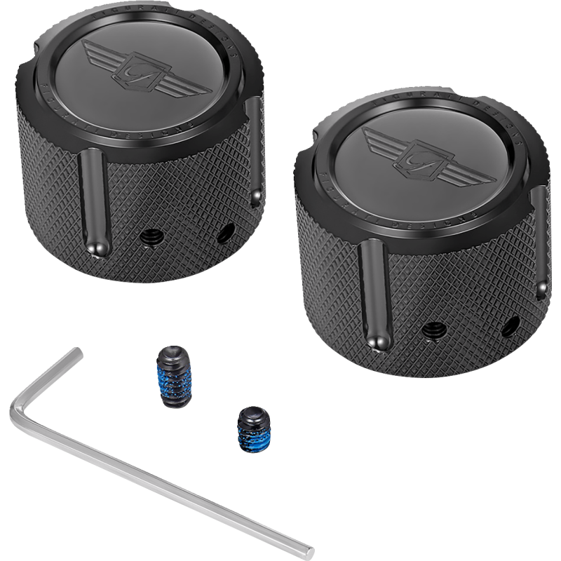 FIGURATI DESIGNS FRONT AXLE NUT COVERS BLACK WITH FIGURATI DESIGNS LOGO FD01-FAC-BLK