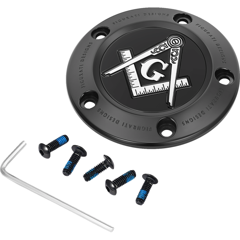 FIGURATI DESIGNS TIMING COVER BLACK WITH MASONIC EMBLEM, 5-HOLE FD42-TC-5H-BLK