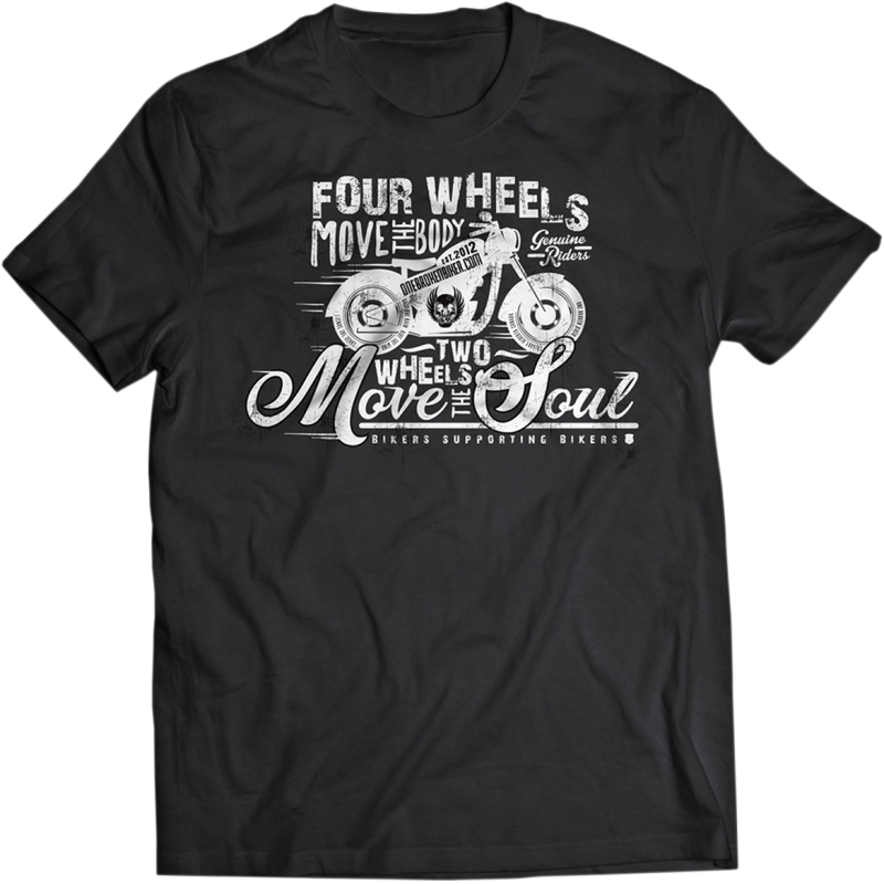 ONE BROKEN BIKER MENS TEE 4 WHEELS MOVE THE BODY 2 WHEELS MOVE THE SOUL BLK L MTEE4WHLBLKL