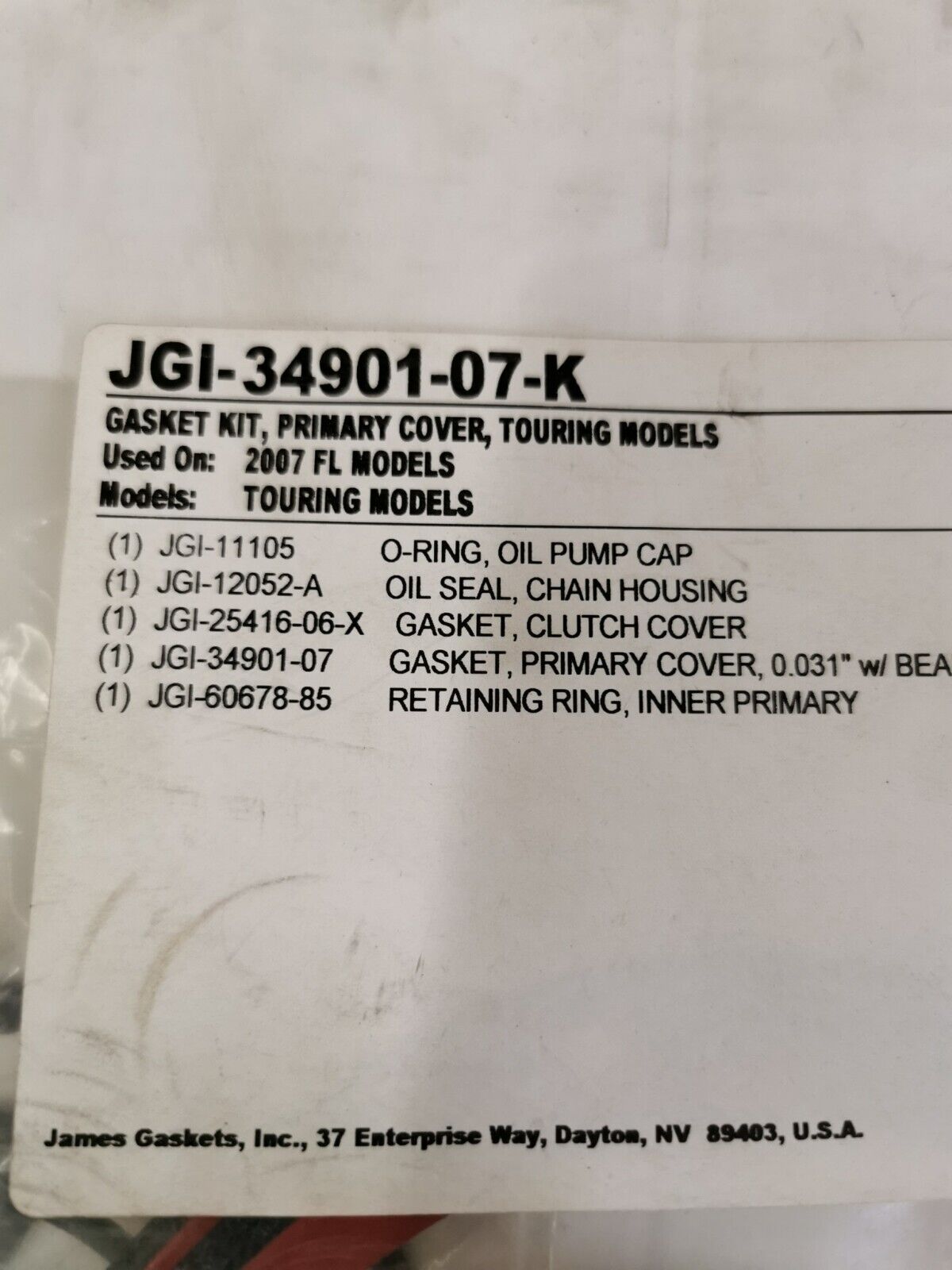 NOS James Gasket KIT PRIMARY COVER TOURING MODEL Incomplete JGI-34901-07-K J45