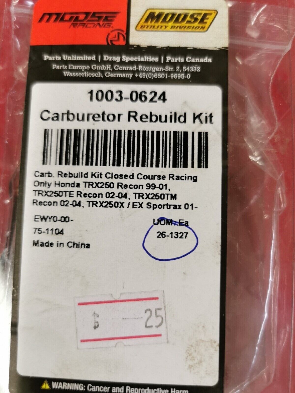 NOS MOOSE RACING HONDA TRX250 1999 - 2004  Carburetor Repair Kit  26-1327 J13