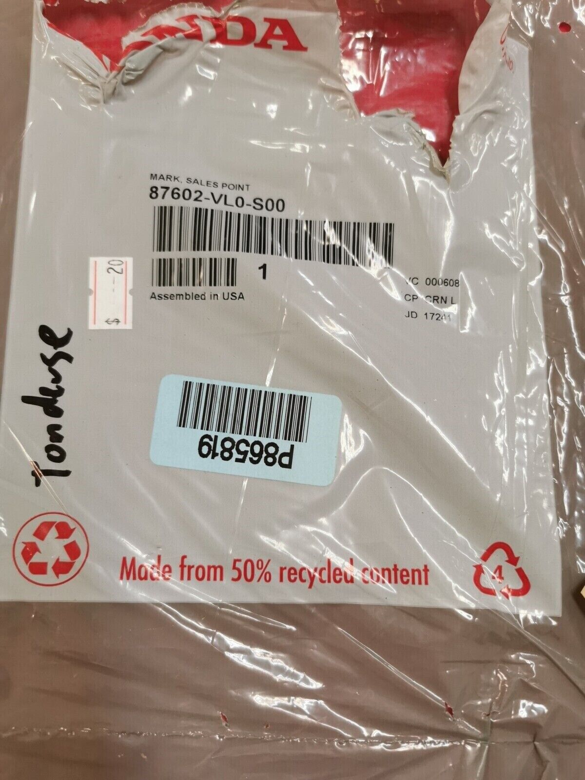 NOS Honda Mark, Sales Point 87602-VL0-S00 H10