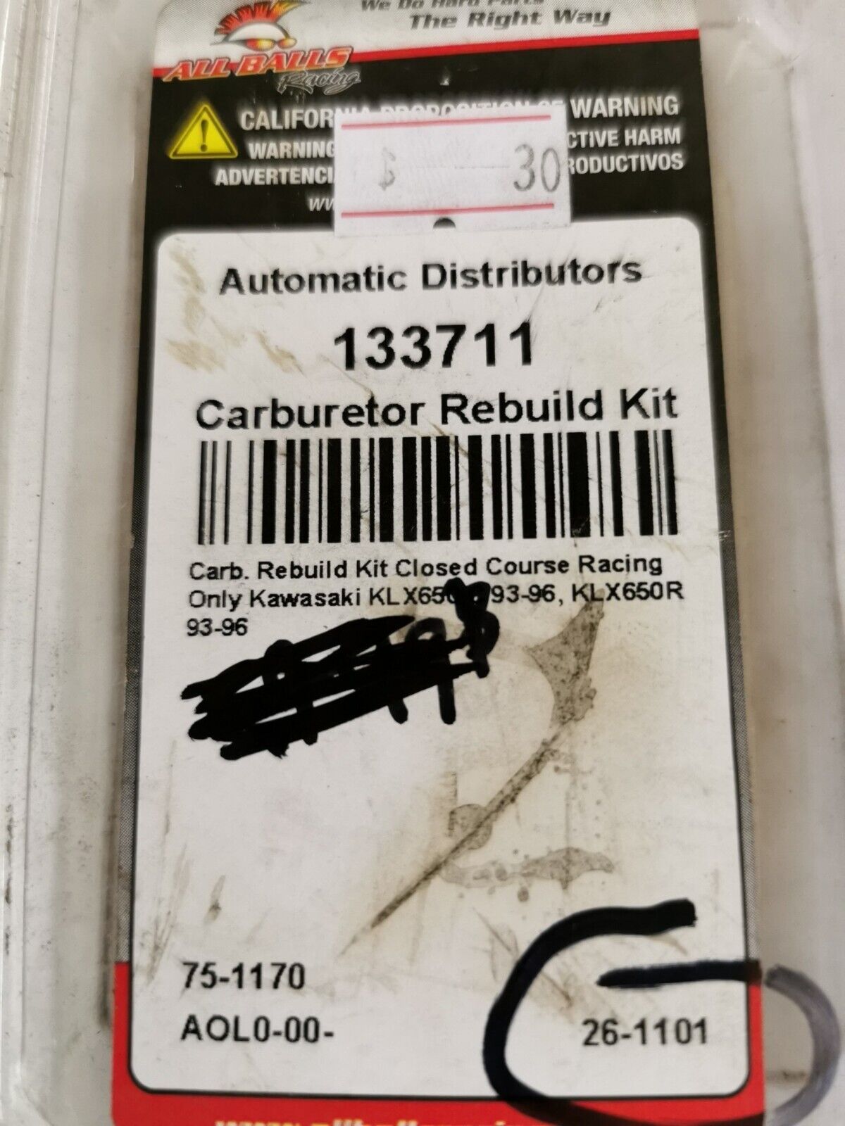 NOS ALL BALLS Kawasaki KLX650 KLX650R CARBURETOR REBUILD KIT 26-1101 J52