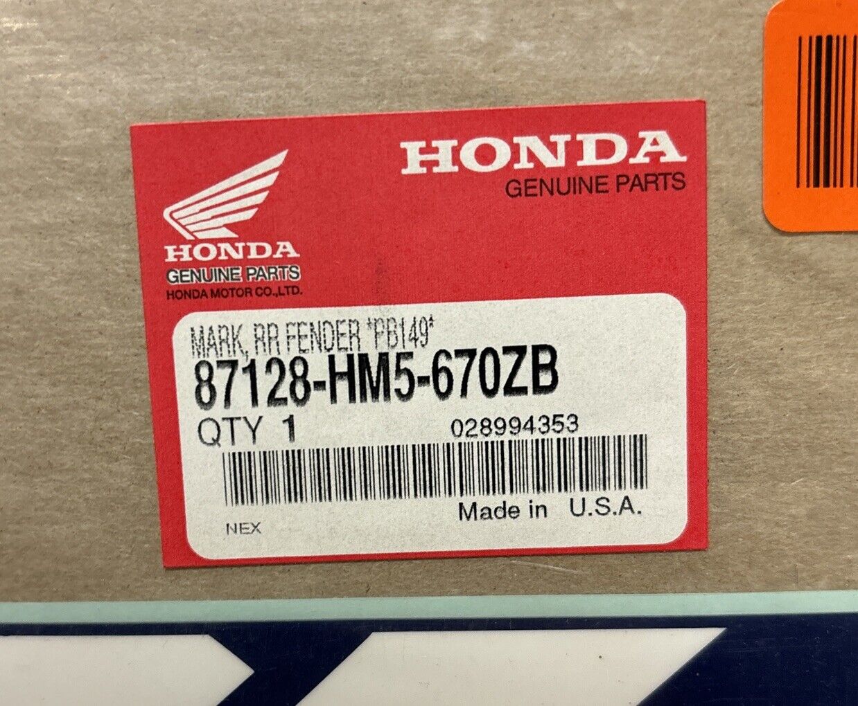 NOS Honda 1994 1995 TRX300FW REAR FENDER TYPE 2 MARK 87128-HM5-670ZB H147
