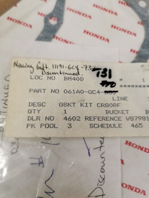 NOS HONDA CR80R 1985 INCOMPLETE GASKET KIT A 061A0-GC4-830 H100