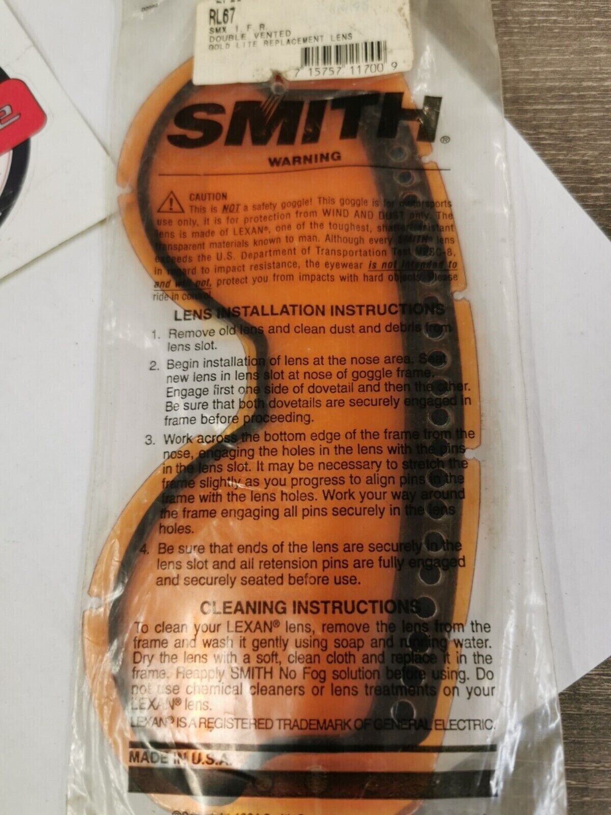 NOS Smith DOUBLE VENTED GOLD LITE REPLACEMENT LENS RL67 J24