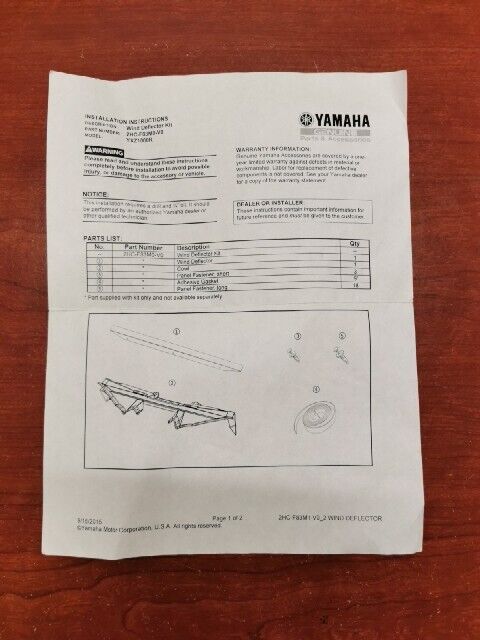 NOS Yamaha 2016 - 2018 YXZ1000 WIND DEFLECTOR 2HC-F83M0-V0-00