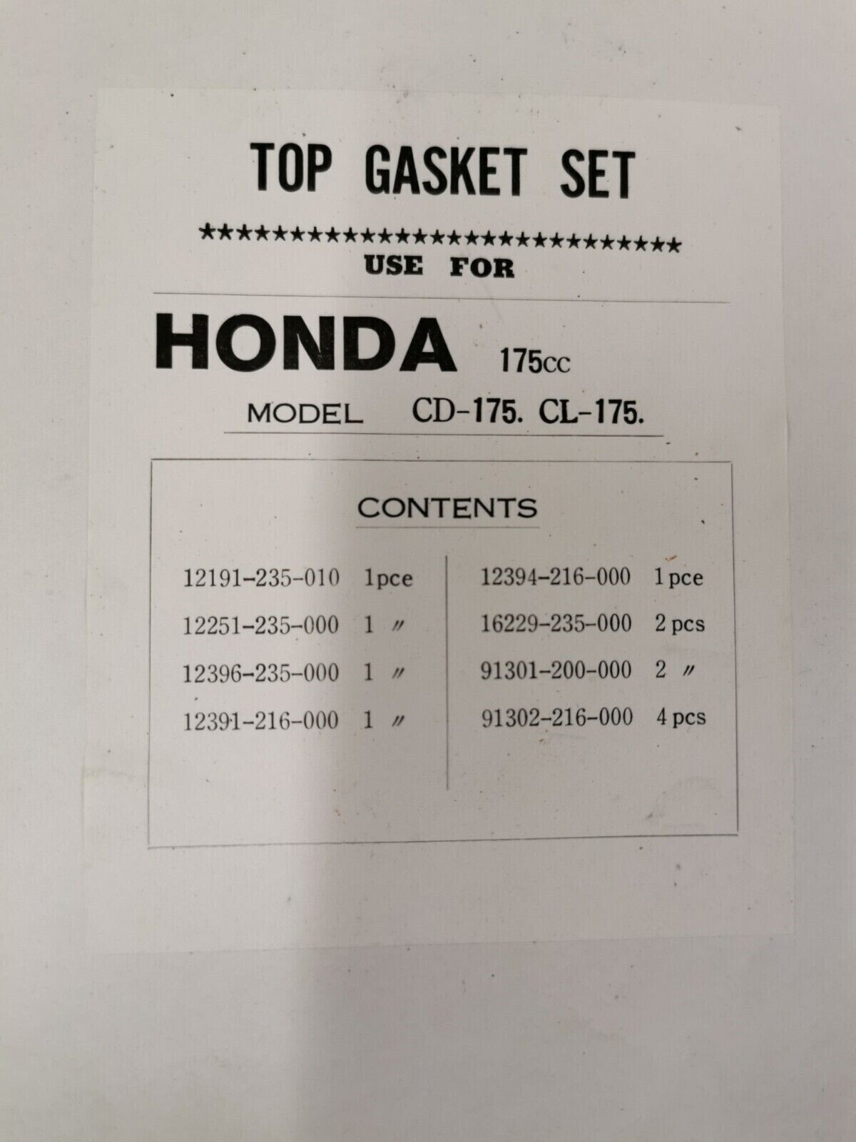 NOS HONDA 175CC CD175 CL175 TOP END GASKET KIT INCOMPLETE SET J49