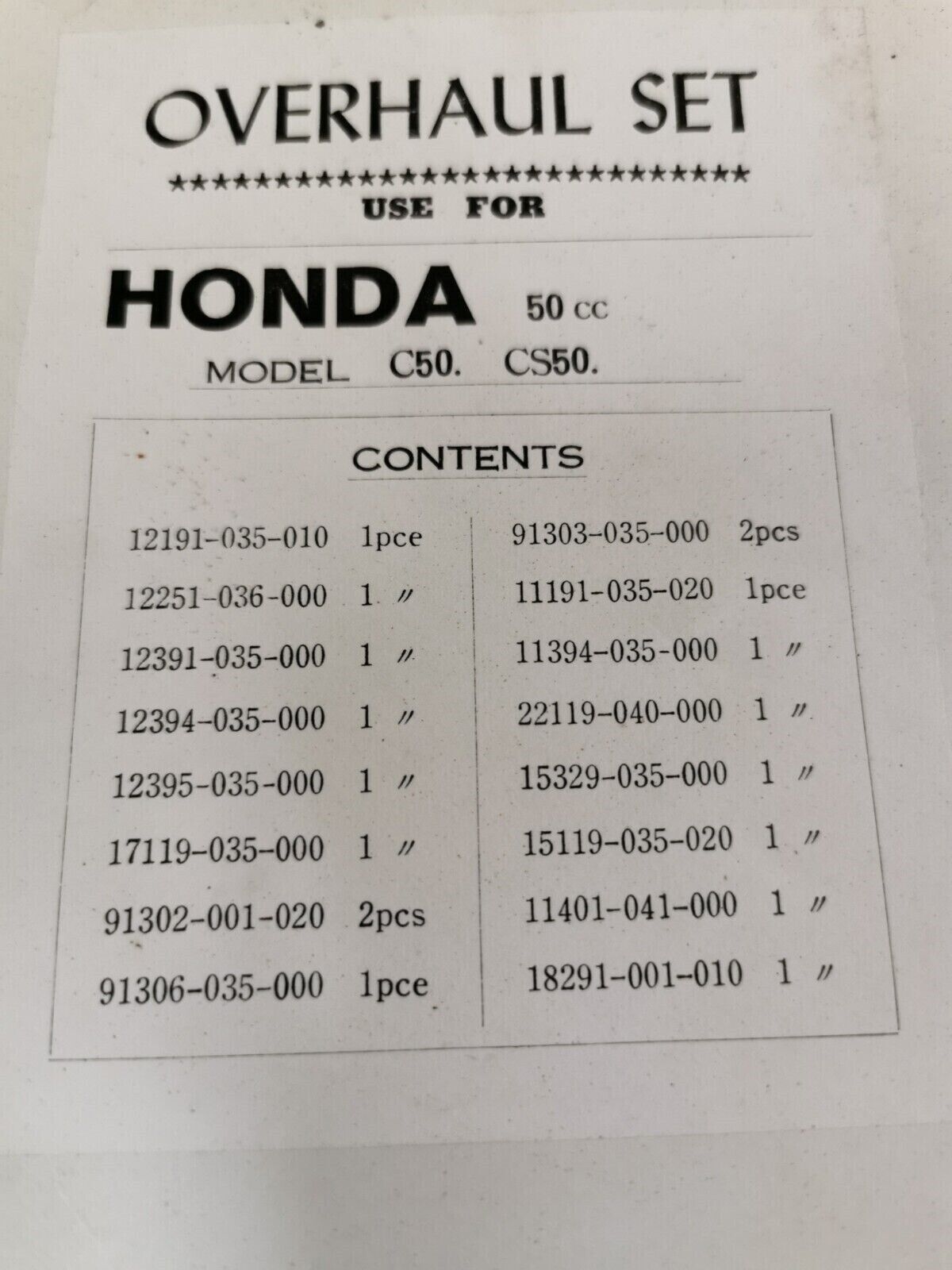 NOS HONDA 50CC C50 CS50 COMPLETE GASKET KIT INCOMPLETE SET J49