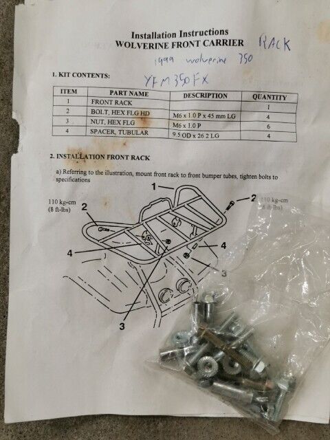 NOS YAMAHA WOLVERINE YFM350FX 1999 FRONT AND REAR CARRIER RACK KIT