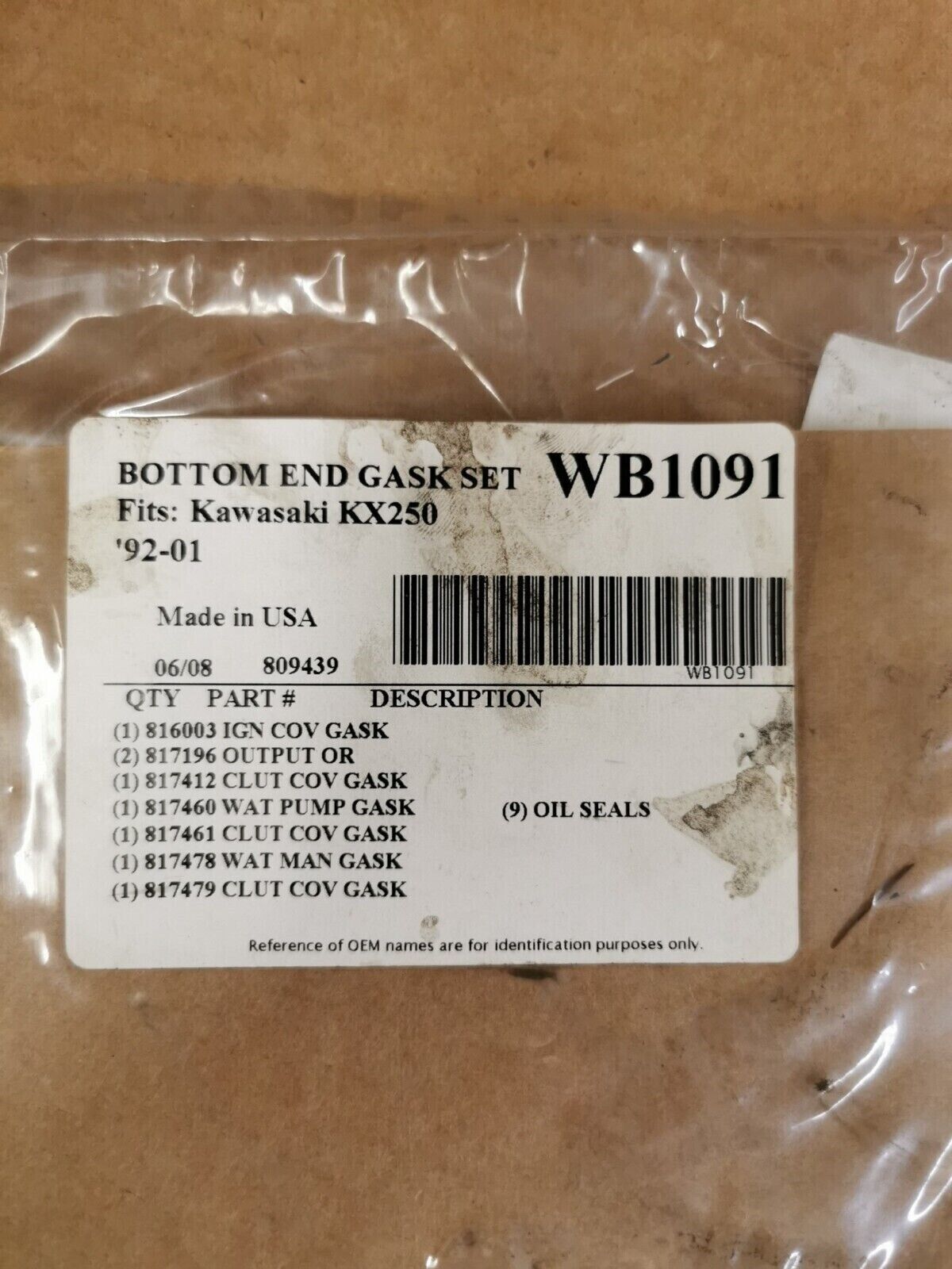 NOS WISECO KAWASAKI KX2501992 - 2001 INCOMPLETE GASKET KIT WB1091 J48